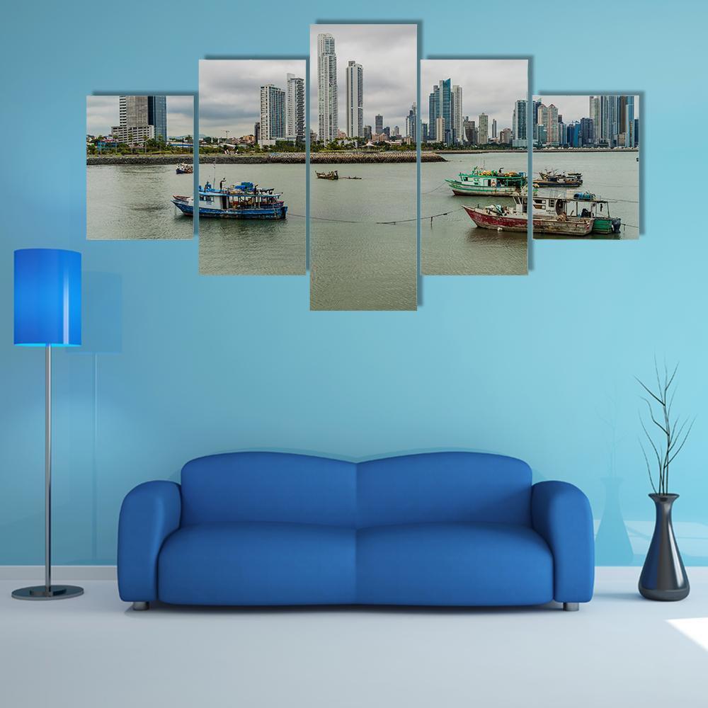 Port Skyline with Ships Canvas Wall Art in gray, green and blue, 5 panel Star layout hung on a wall