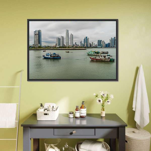 Port With Skyline Of Panama Canvas Wall Art-1 Piece-Floating Frame-24" x 16"-Tiaracle