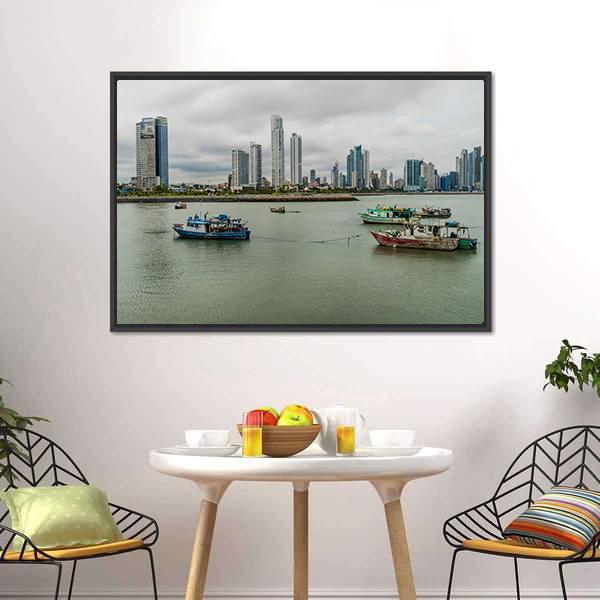 Port With Skyline Of Panama Canvas Wall Art-3 Horizontal-Gallery Wrap-25" x 16"-Tiaracle