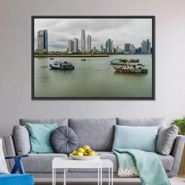 Port With Skyline Of Panama Canvas Wall Art-3 Horizontal-Gallery Wrap-25" x 16"-Tiaracle