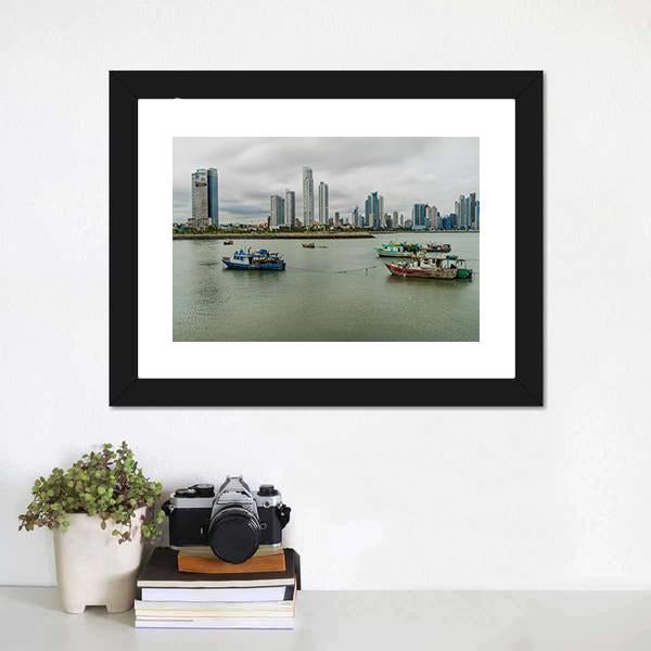 Port With Skyline Of Panama Canvas Wall Art-1 Piece-Framed Print-20" x 16"-Tiaracle