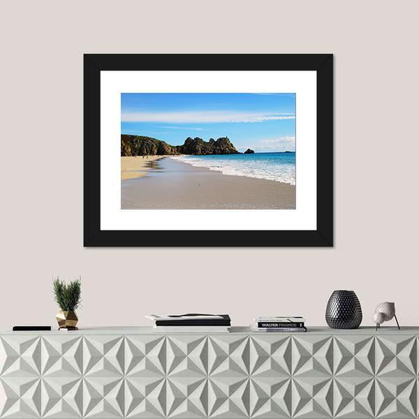 Porth Curno Beach In Cornwall Canvas Wall Art-1 Piece-Framed Print-20" x 16"-Tiaracle
