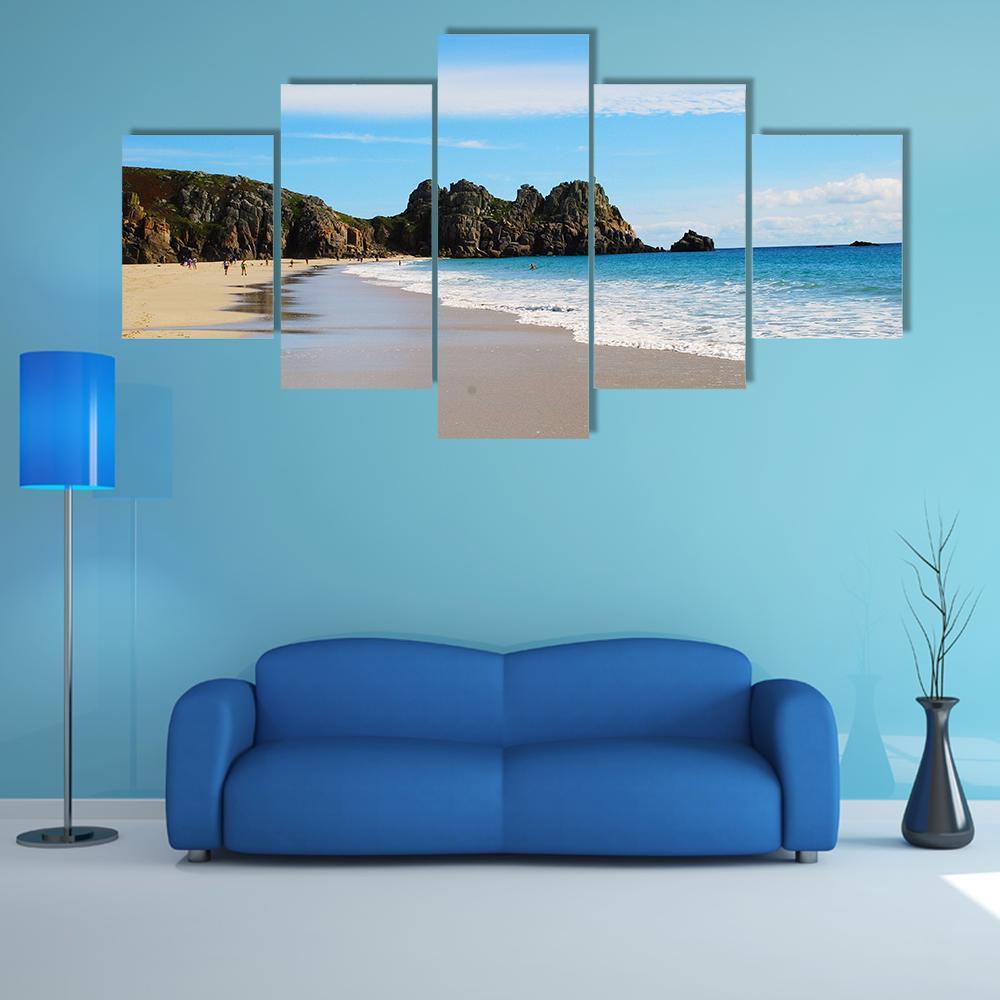 Porth Curno Beach In Cornwall Canvas Wall Art-5 Star-Gallery Wrap-62" x 32"-Tiaracle