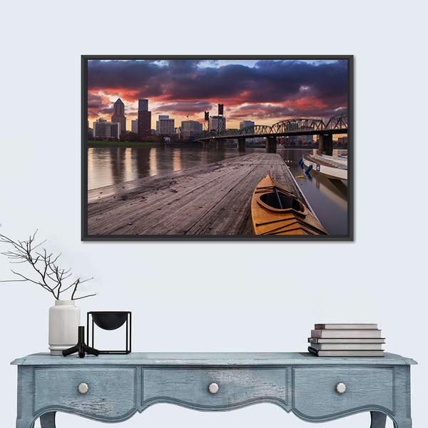 Portland Sunset Over River Skyline Canvas Wall Art in gray, orange and blue, framed canvas, product view on a white background