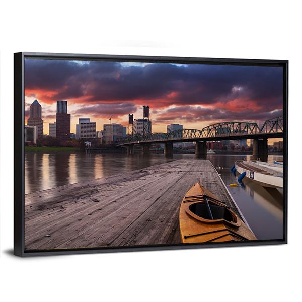 Portland Oregon Panorama Sunset In USA Canvas Wall Art-3 Horizontal-Gallery Wrap-25" x 16"-Tiaracle