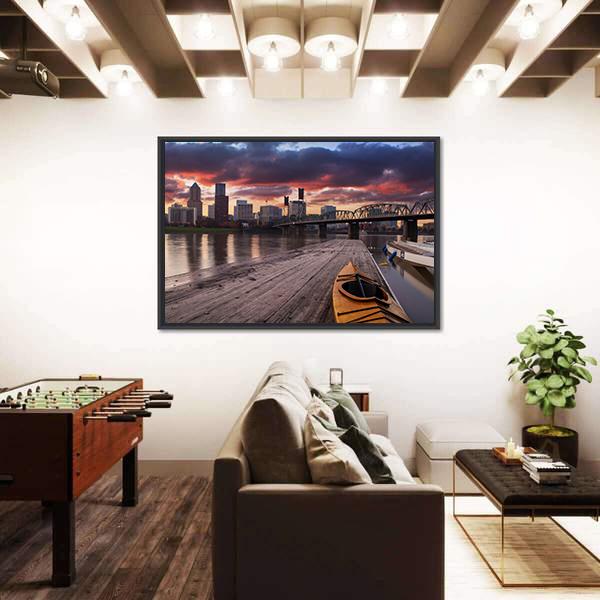Portland Oregon Panorama Sunset In USA Canvas Wall Art-3 Horizontal-Gallery Wrap-25" x 16"-Tiaracle