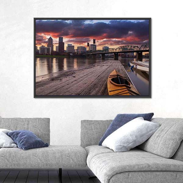 Portland Oregon Panorama Sunset In USA Canvas Wall Art-3 Horizontal-Gallery Wrap-25" x 16"-Tiaracle
