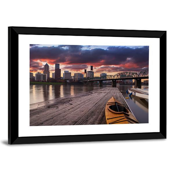 Portland Oregon Panorama Sunset In USA Canvas Wall Art-3 Horizontal-Gallery Wrap-25" x 16"-Tiaracle