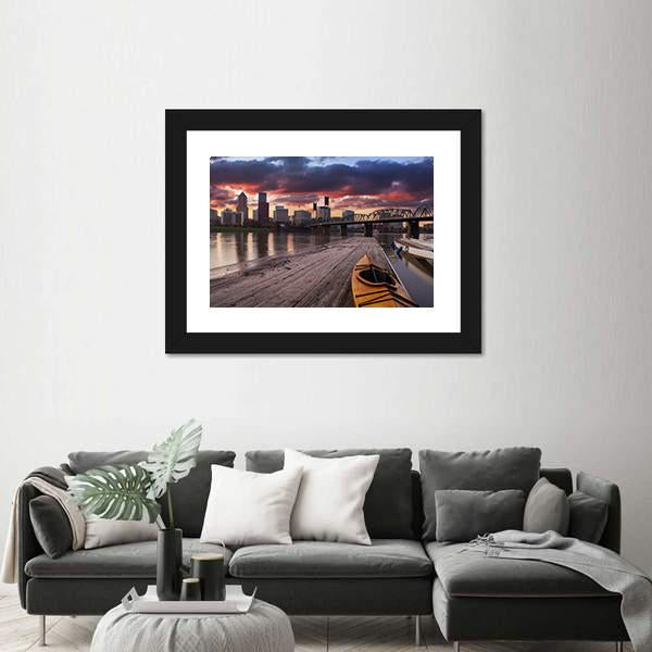 Portland Oregon Panorama Sunset In USA Canvas Wall Art-3 Horizontal-Gallery Wrap-25" x 16"-Tiaracle