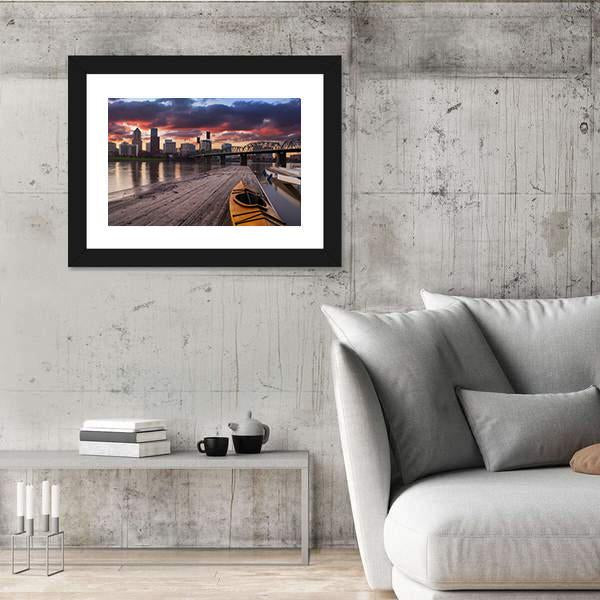 Portland Oregon Panorama Sunset In USA Canvas Wall Art-3 Horizontal-Gallery Wrap-25" x 16"-Tiaracle