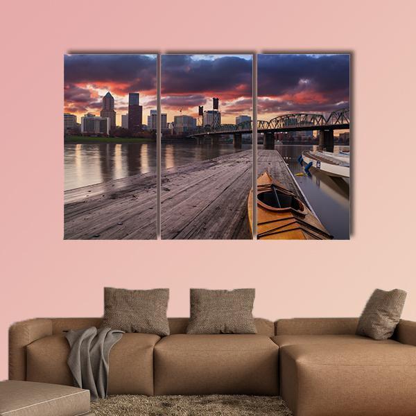 Portland Oregon Panorama Sunset In USA Canvas Wall Art-3 Horizontal-Gallery Wrap-37" x 24"-Tiaracle