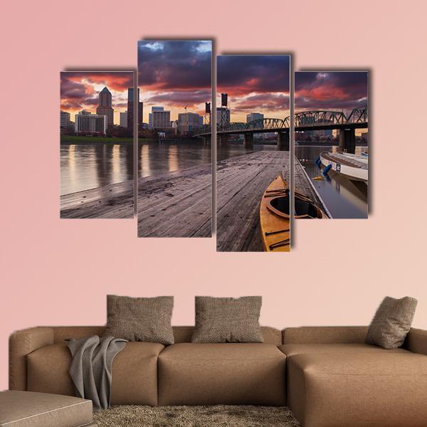 Portland Oregon Panorama Sunset In USA Canvas Wall Art-4 Pop-Gallery Wrap-50" x 32"-Tiaracle