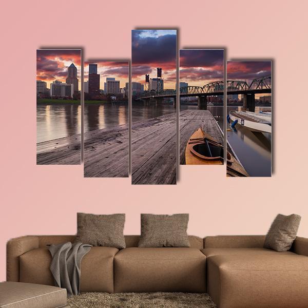 Portland Oregon Panorama Sunset In USA Canvas Wall Art-5 Pop-Gallery Wrap-47" x 32"-Tiaracle