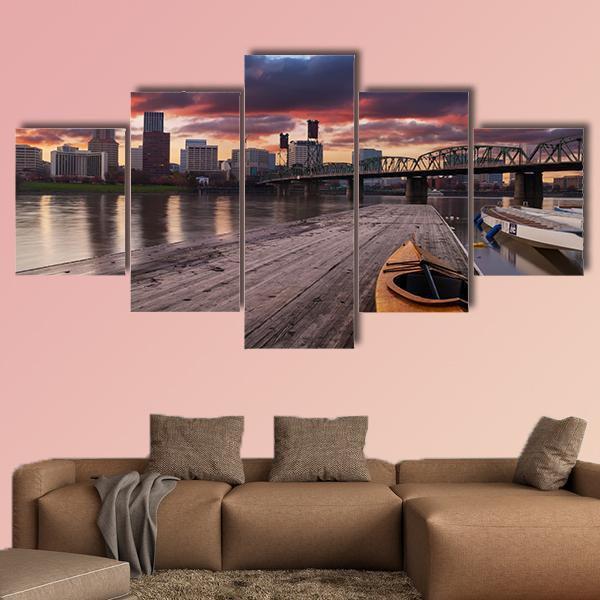 Portland Oregon Panorama Sunset In USA Canvas Wall Art-5 Star-Gallery Wrap-62" x 32"-Tiaracle