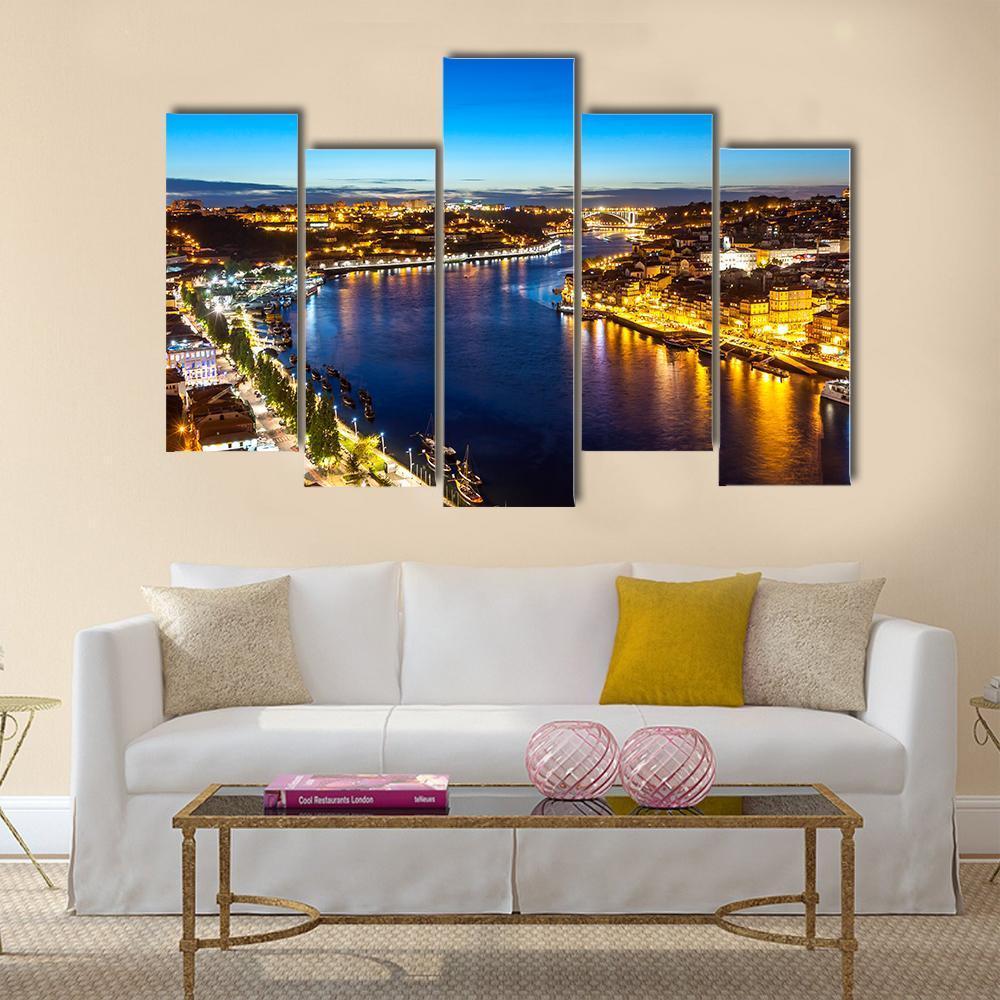 Porto City &amp; Douro River Canvas Wall Art-5 Pop-Gallery Wrap-47" x 32"-Tiaracle