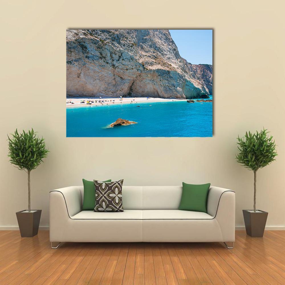 Porto Katsiki Beach Cliffs and Sea Canvas Wall Art in gray, beige and blue, single panel hung on a wall