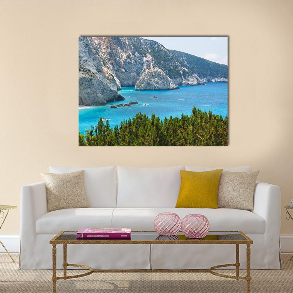 Porto Katsiki Coast, Lefkada Island Canvas Wall Art in gray, green and blue, single panel hung on a wall