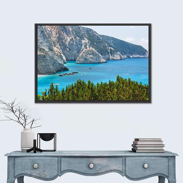 Porto Katsiki Coast, Lefkada Canvas Wall Art in beige, green and blue, framed canvas, product view on a white background