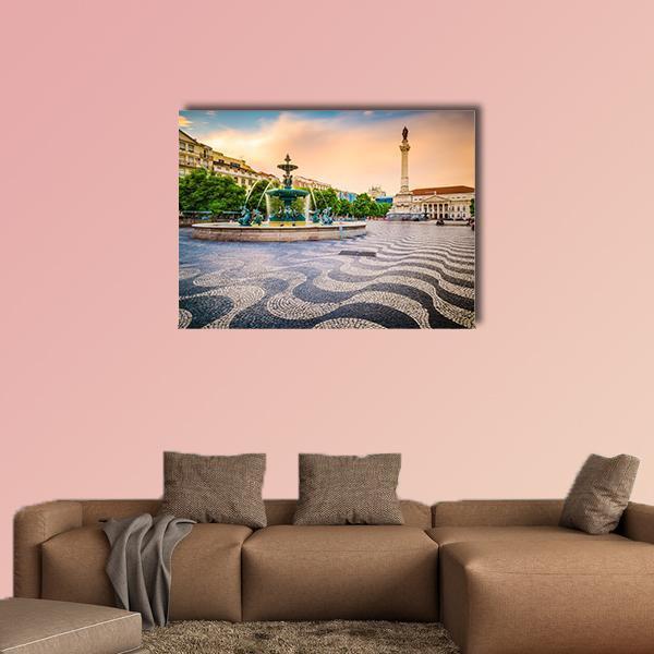 Rossio Square Fountain Cityscape Canvas Wall Art in white, beige and blue, single panel hung on a wall