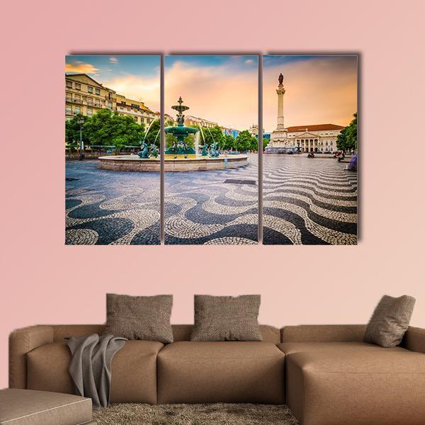 Portugal Cityscape At Rossio Square Canvas Wall Art-5 Star-Gallery Wrap-62" x 32"-Tiaracle