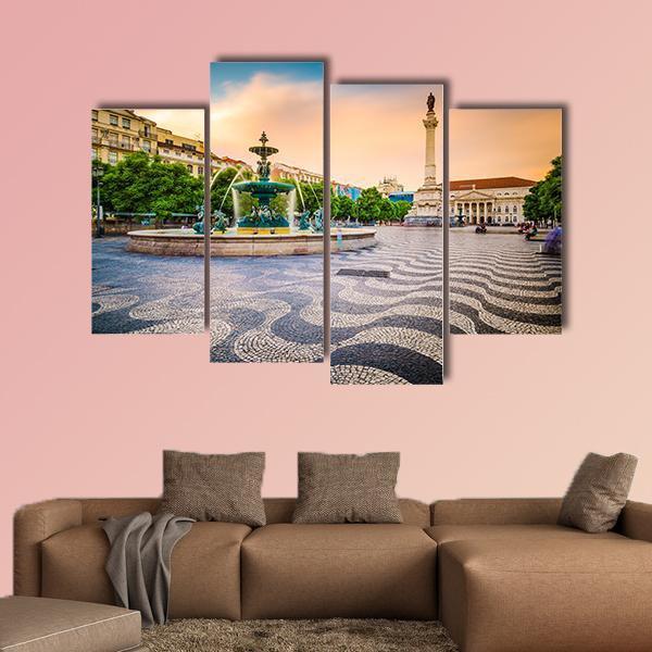 Portugal Cityscape At Rossio Square Canvas Wall Art-4 Pop-Gallery Wrap-50" x 32"-Tiaracle