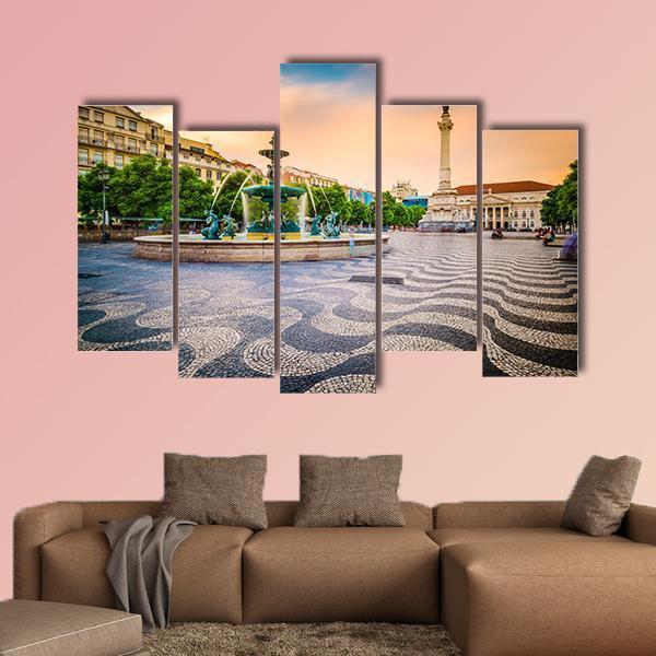 Portugal Cityscape At Rossio Square Canvas Wall Art-5 Pop-Gallery Wrap-47" x 32"-Tiaracle