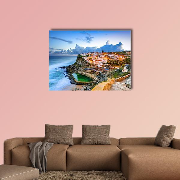 Portugal Coastal Town at Dusk Canvas Wall Art in brown, orange and blue, single panel hung on a wall