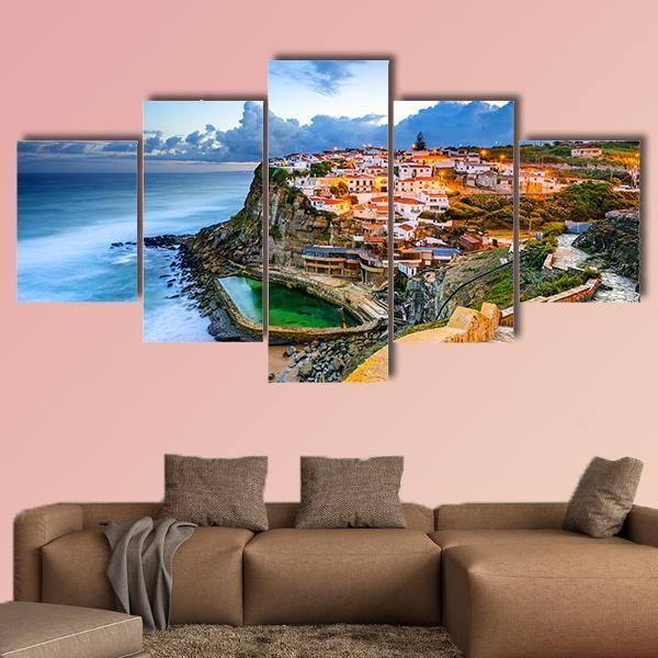 Portugal Coastal Town Canvas Wall Art-5 Star-Gallery Wrap-62" x 32"-Tiaracle