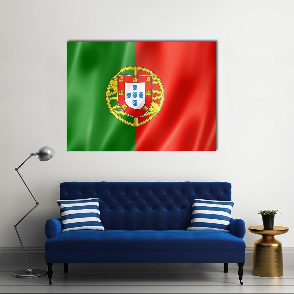 Portugal Flag with Rippling Effect Canvas Wall Art in red and green, single panel hung on a wall