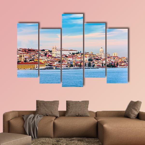 Portugal Skyline On The Tagus River Canvas Wall Art-5 Pop-Gallery Wrap-47" x 32"-Tiaracle