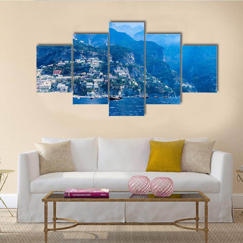 Positano Town And Tyrrhenian Sea Canvas Wall Art-5 Star-Gallery Wrap-62" x 32"-Tiaracle