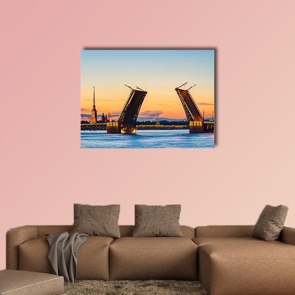 Palace Bridge at Dusk Canvas Wall Art in orange, yellow and blue, single panel hung on a wall