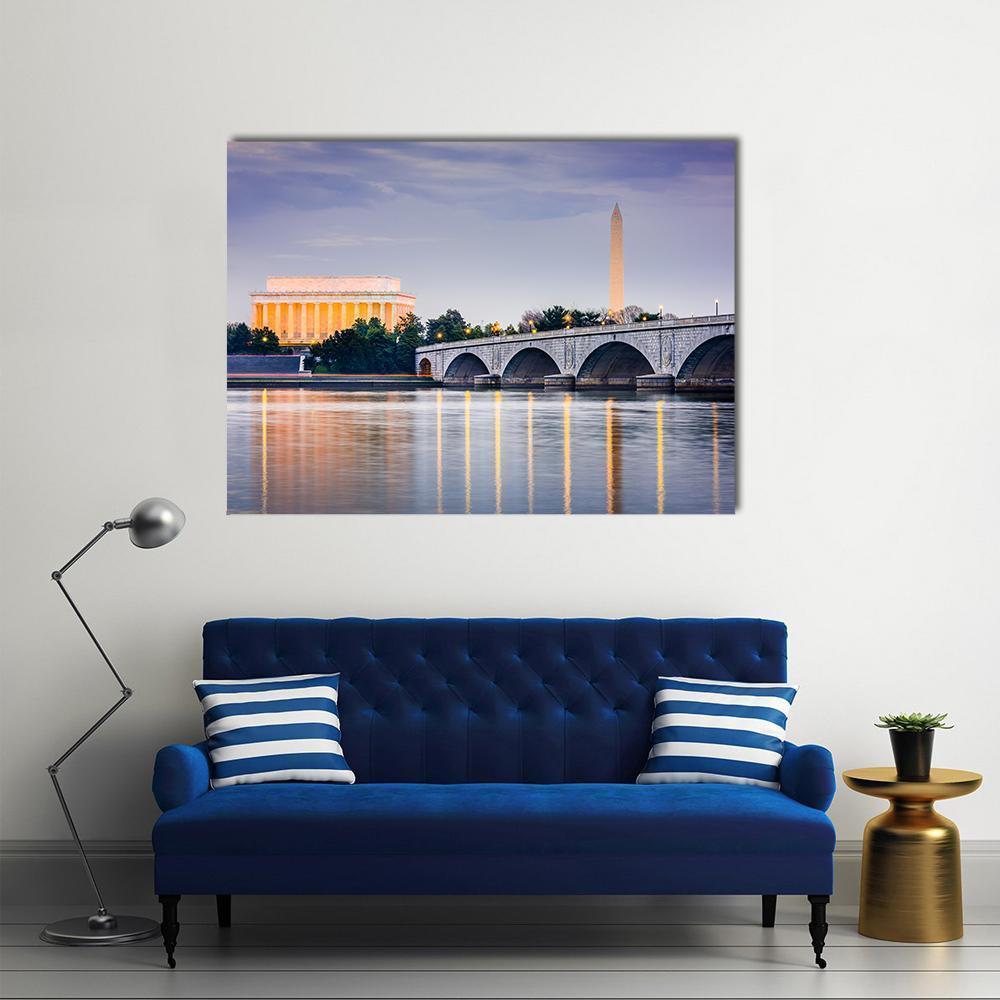 Lincoln Memorial on the Potomac at Dusk Canvas Wall Art in yellow, blue and purple, single panel hung on a wall