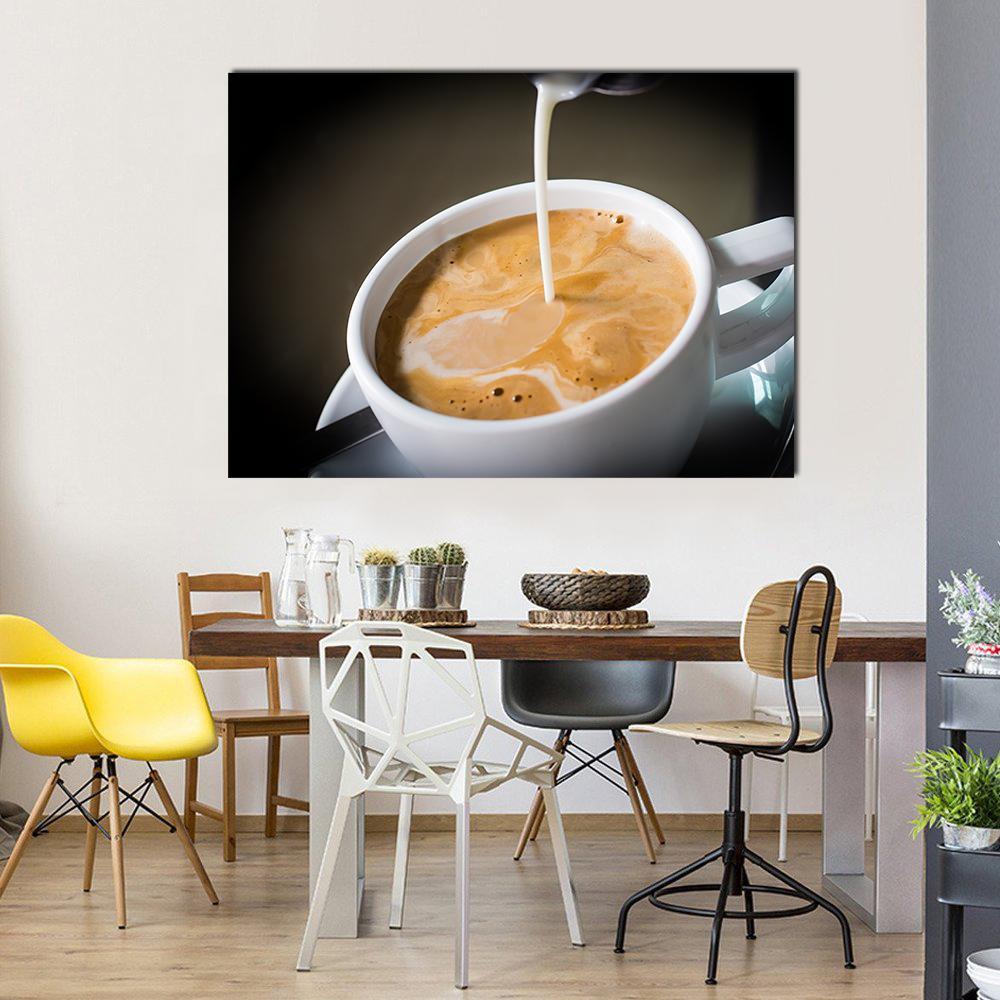 Pouring Cream Into a Cup of Coffee Canvas Wall Art in black, white and brown, single panel hung on a wall
