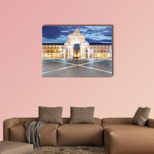 Praca Do Comercio Lisbon at Dusk Canvas Wall Art in gray, yellow and blue, single panel hung on a wall