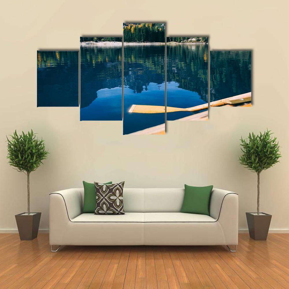 Pragser Wildsee Is A Canoe Canvas Wall Art-5 Star-Gallery Wrap-62" x 32"-Tiaracle