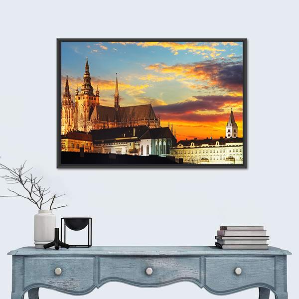 Prague Castle At Sunset Canvas Wall Art-1 Piece-Floating Frame-24" x 16"-Tiaracle