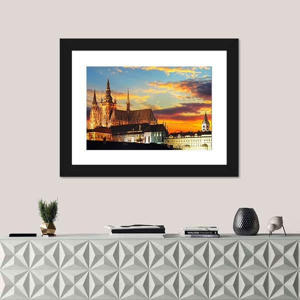 Prague Castle At Sunset Canvas Wall Art-1 Piece-Framed Print-20" x 16"-Tiaracle