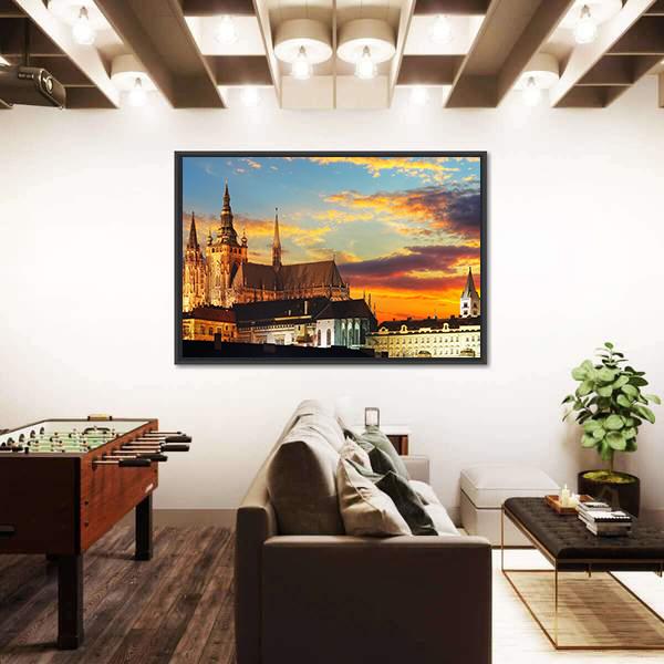 Prague Castle At Sunset Canvas Wall Art-3 Horizontal-Gallery Wrap-25" x 16"-Tiaracle