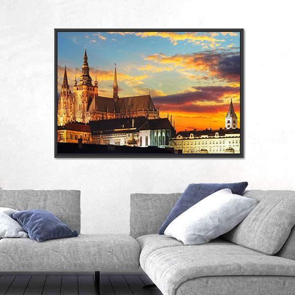 Prague Castle At Sunset Canvas Wall Art-3 Horizontal-Gallery Wrap-25" x 16"-Tiaracle
