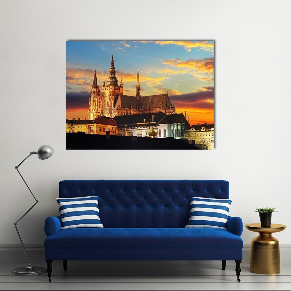 Prague Castle at Sunset Canvas Wall Art in orange, yellow and blue, single panel hung on a wall