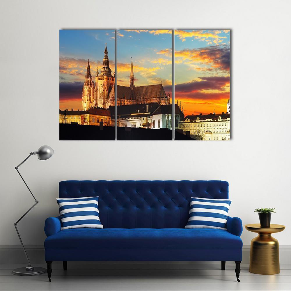 Prague Castle At Sunset Canvas Wall Art-3 Horizontal-Gallery Wrap-37" x 24"-Tiaracle