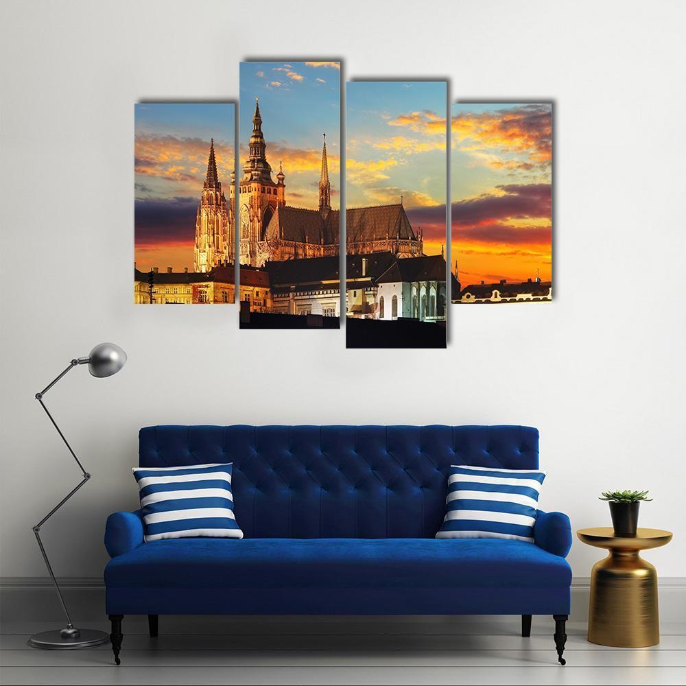 Prague Castle At Sunset Canvas Wall Art-4 Pop-Gallery Wrap-50" x 32"-Tiaracle