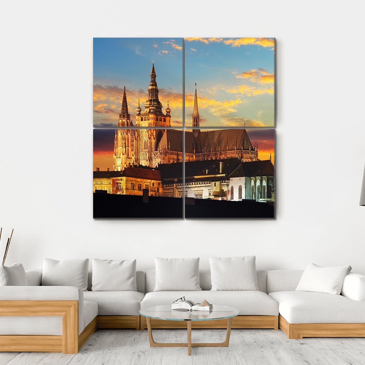 Prague Castle At Sunset Canvas Wall Art-4 Square-Gallery Wrap-17" x 17"-Tiaracle
