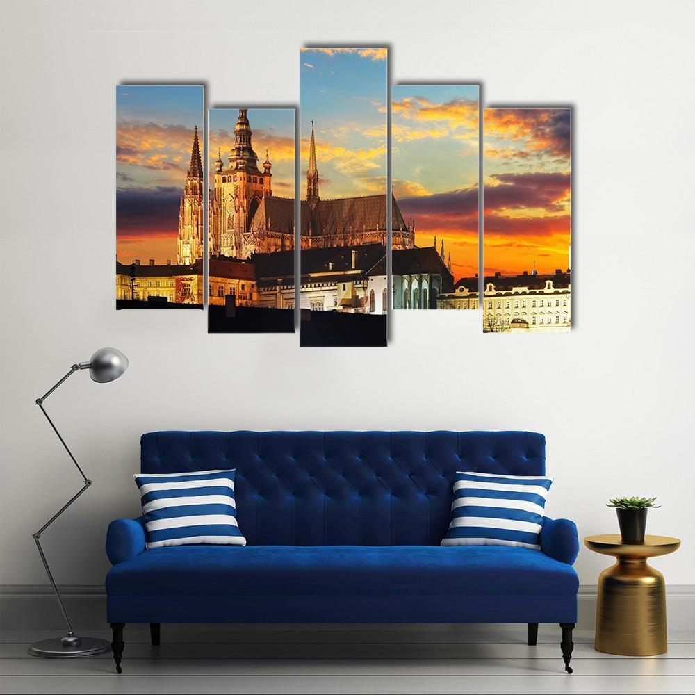 Prague Castle At Sunset Canvas Wall Art-5 Pop-Gallery Wrap-47" x 32"-Tiaracle