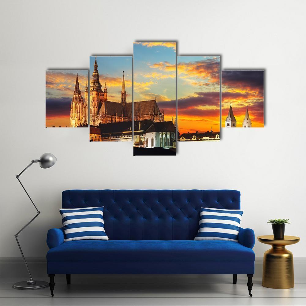 Prague Castle At Sunset Canvas Wall Art-5 Star-Gallery Wrap-62" x 32"-Tiaracle