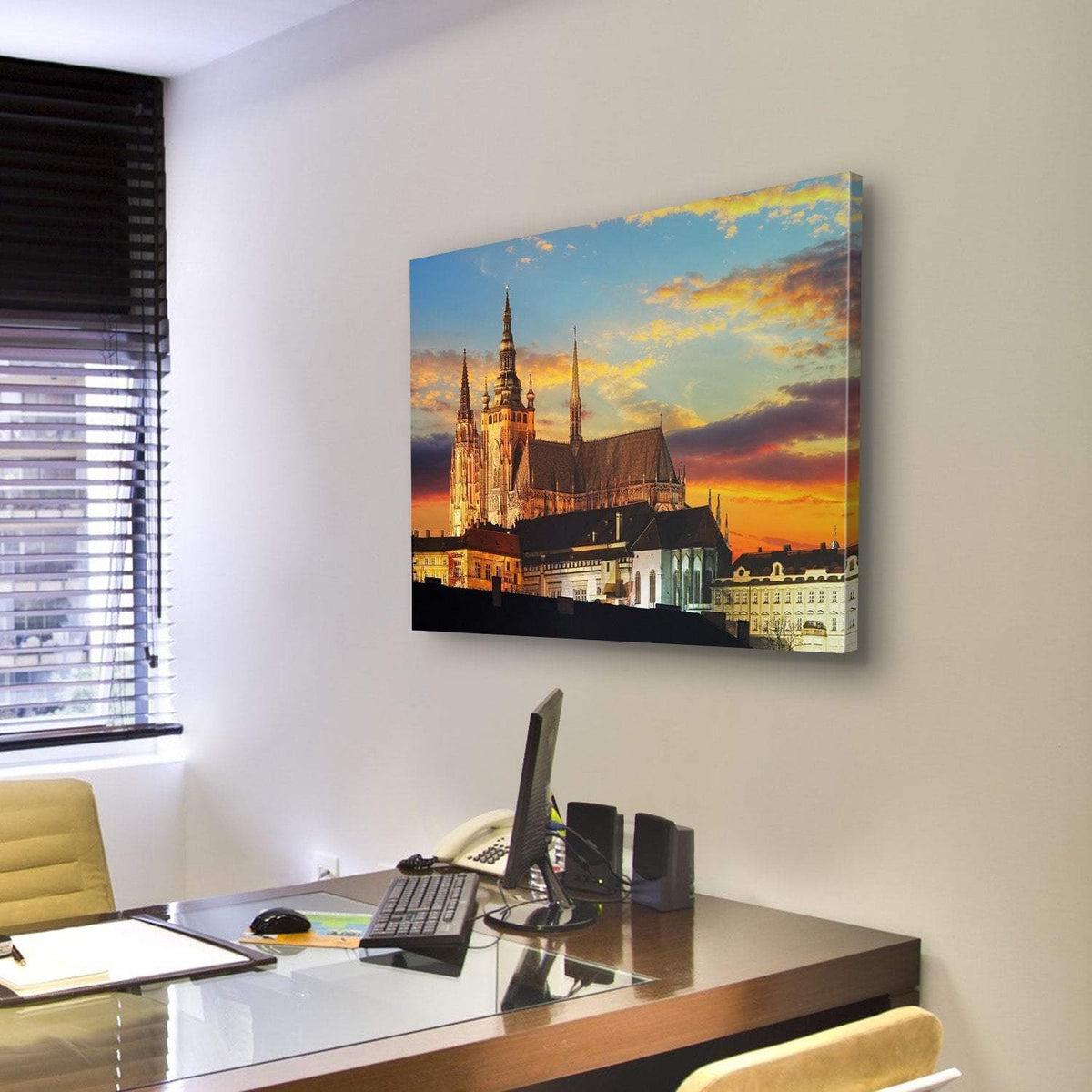 Prague Castle At Sunset Canvas Wall Art-3 Horizontal-Gallery Wrap-25" x 16"-Tiaracle