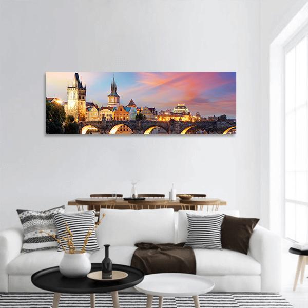 Charles Bridge At Night Panoramic Canvas Wall Art-1 Piece-36" x 12"-Tiaracle