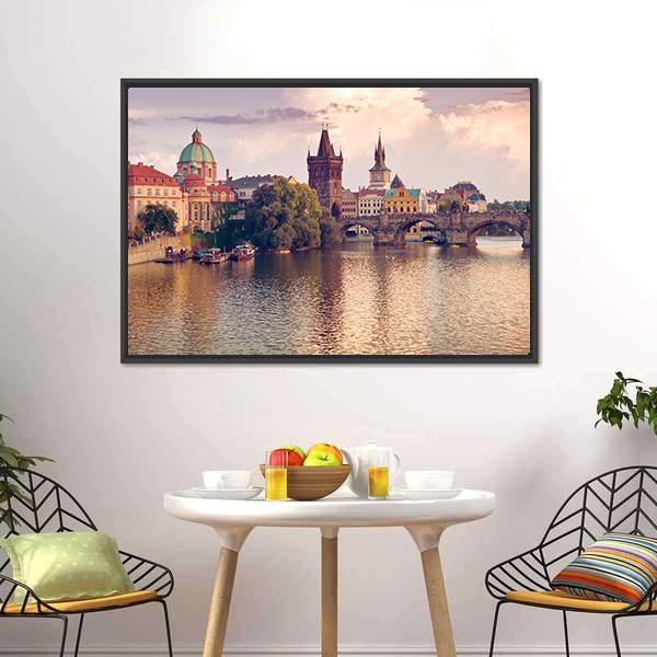 Prague Old Town With River Canvas Wall Art-5 Horizontal-Gallery Wrap-22" x 12"-Tiaracle