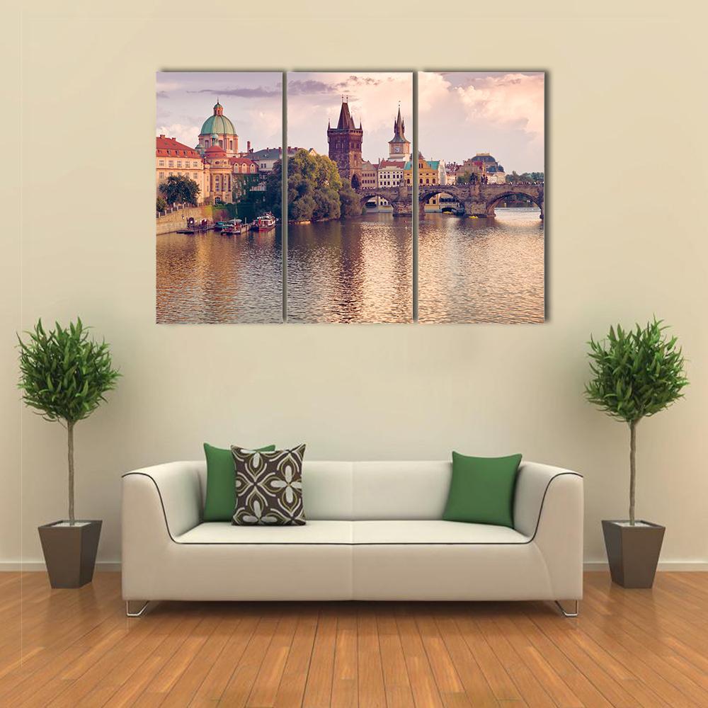 Prague Old Town With River Canvas Wall Art-3 Horizontal-Gallery Wrap-37" x 24"-Tiaracle